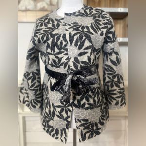Heather B Anthropologie Wool Mixed Media Sweater Velvet Belt Floral Pattern L